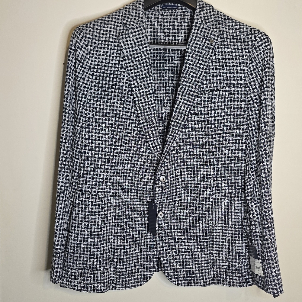 STAFFORD Men's Classic Fit Navy Blue Check Sport Coat Blazer Jacket 46S New